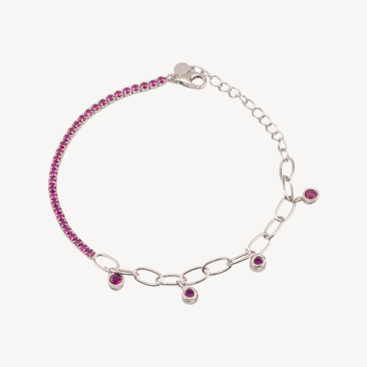 Bracciale In Argento 925 Tennis Con Zircone E Catena Estensore Con Pendente Rodiato Rosso Ruby
