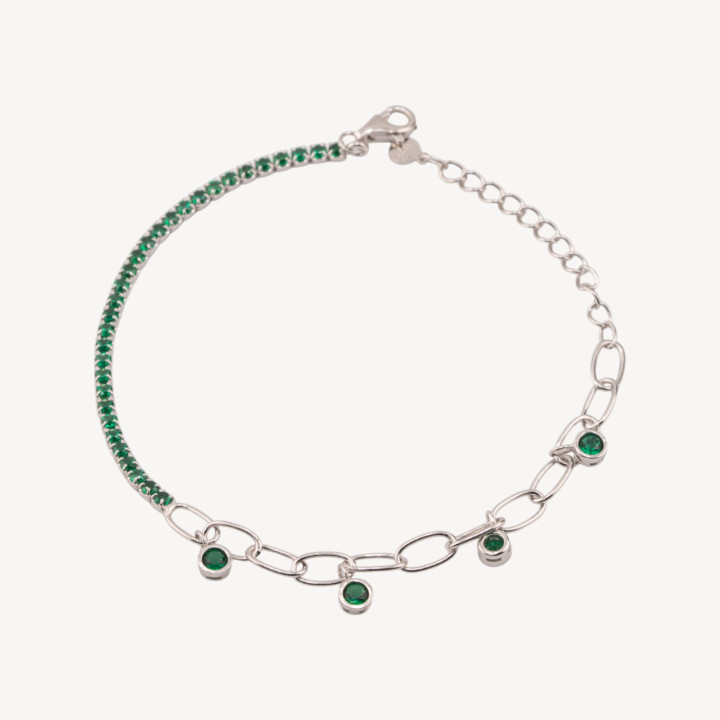 Bracciale In Argento 925 Tennis Con Zircone E Catena Estensore Con Pendente Rodiato Verde Smeraldo