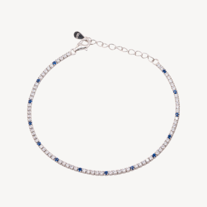 Bracciale Tennis In Argento 925 Chiusura Moschettone Con Zirconi Da 1,5mm Esterno 2,0mm Rodiato Bianco E Blu Zaffiro
