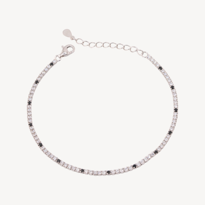 Bracciale Tennis In Argento 925 Chiusura Moschettone Con Zirconi Da 1,5mm Esterno 2,0mm Rodiato Bianco E Nero