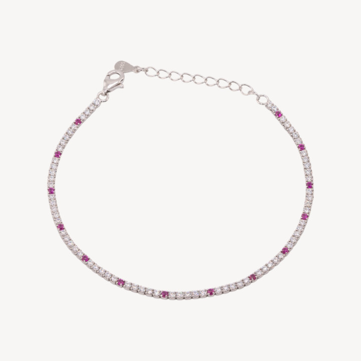 Bracciale Tennis In Argento 925 Chiusura Moschettone Con Zirconi Da 1,5mm Esterno 2,0mm Rodiato Bianco e Rosso Rubino