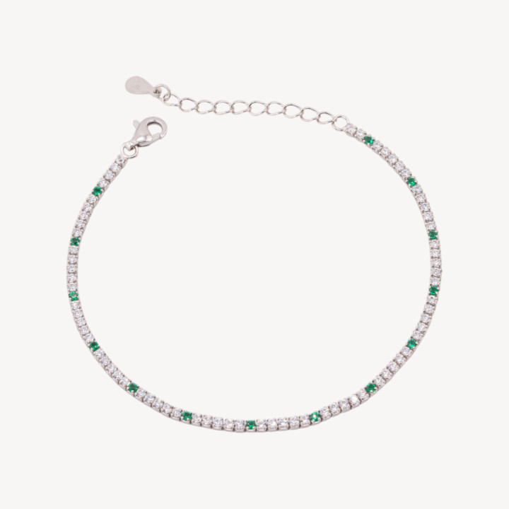 Bracciale Tennis In Argento 925 Chiusura Moschettone Con Zirconi Da 1,5mm Esterno 2,0mm Rodiato Bianco E Verde Smeraldo