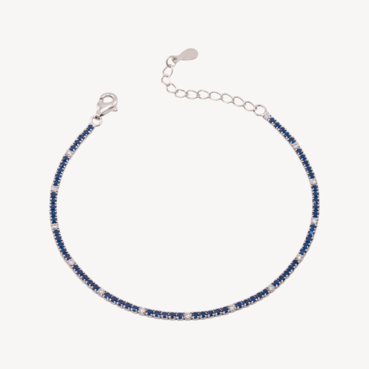Bracciale Tennis In Argento 925 Chiusura Moschettone Con Zirconi Da 1,5mm Esterno 2,0mm Rodiato Blu Zaffiro E Bianco