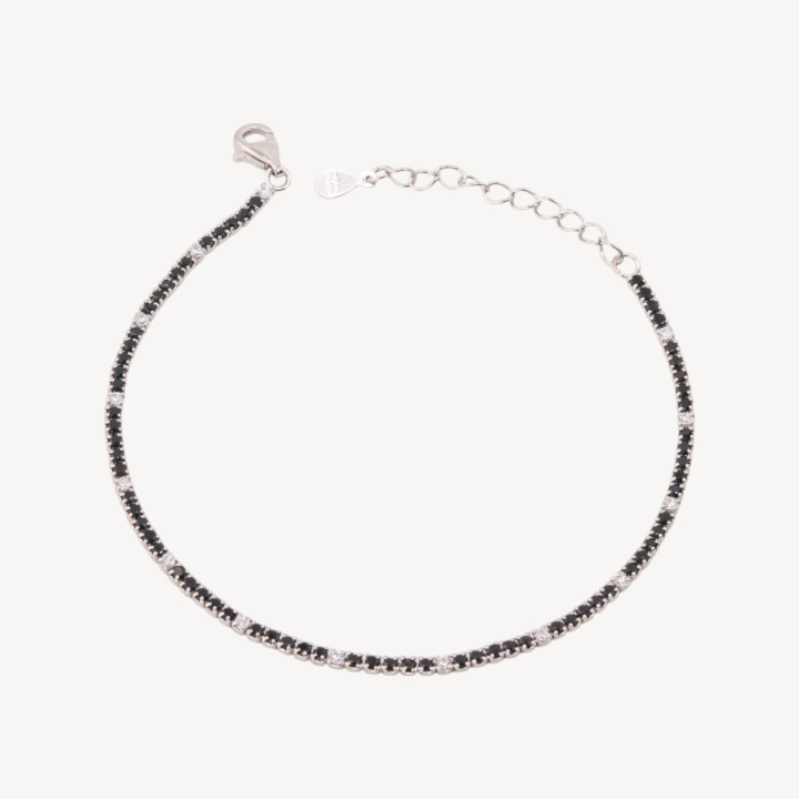 Bracciale Tennis In Argento 925 Chiusura Moschettone Con Zirconi Da 1,5mm Esterno 2,0mm Rodiato Nero E Bianco