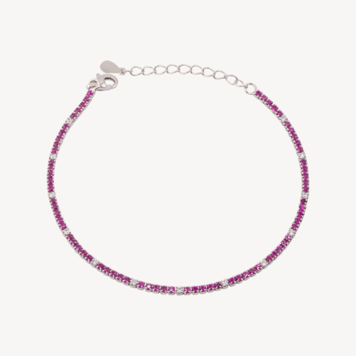 Bracciale Tennis In Argento 925 Chiusura Moschettone Con Zirconi Da 1,5mm Esterno 2,0mm Rodiato Rosso Rubino E Bianco