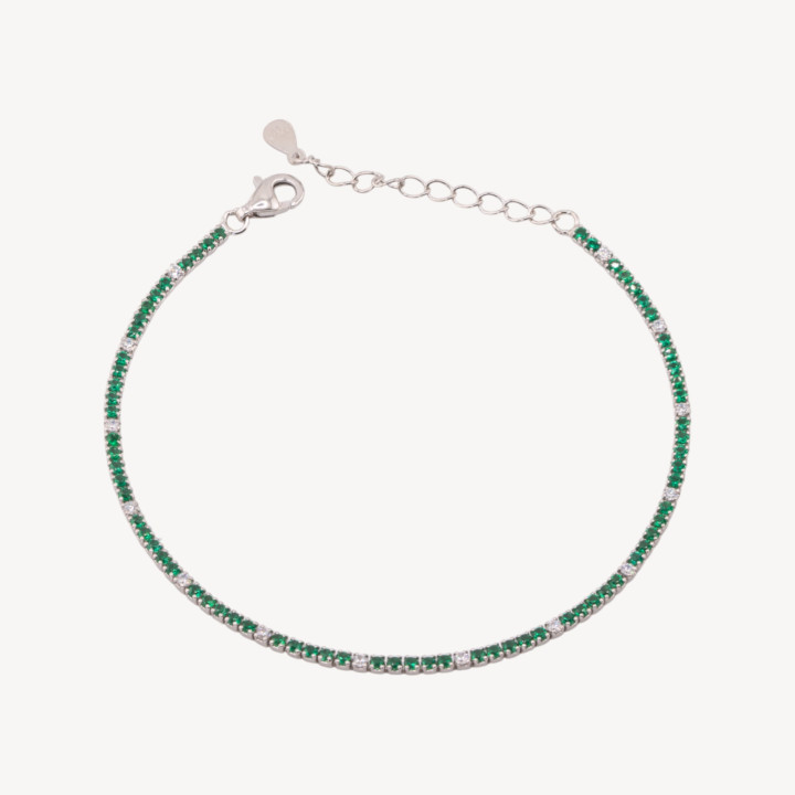 Bracciale Tennis In Argento 925 Chiusura Moschettone Con Zirconi Da 1,5mm Esterno 2,0mm Rodiato Verde Smeraldo E Bianco
