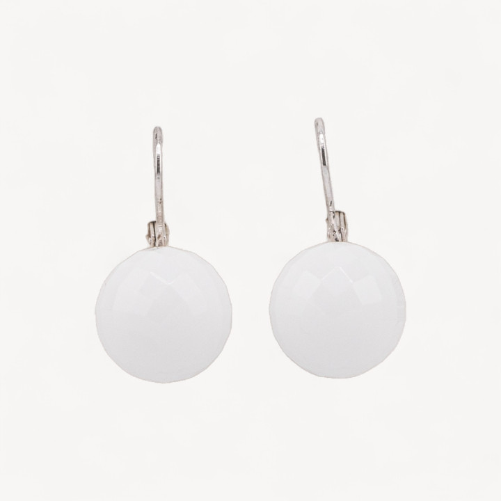 Orecchini A Monachella Chiusa Di Argento 925 Con Agata Bianca Sfera Sfaccettata 14x27mm