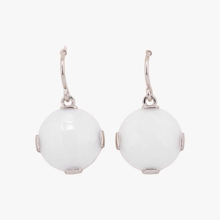Orecchini A Monachella Di Argento 925 Con Agata Bianca Tondo Piatto 17x30mm