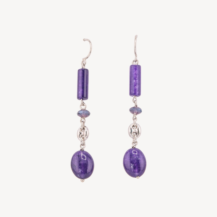 Orecchini A Monachella Di Argento 925 Con Giade Viola E Creole Di Argento 925 12x72mm Rodiato
