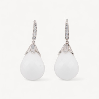 Orecchini A Monachella Di Argento 925 Con Zirconi E Goccia Di Agata Bianca 16x40mm