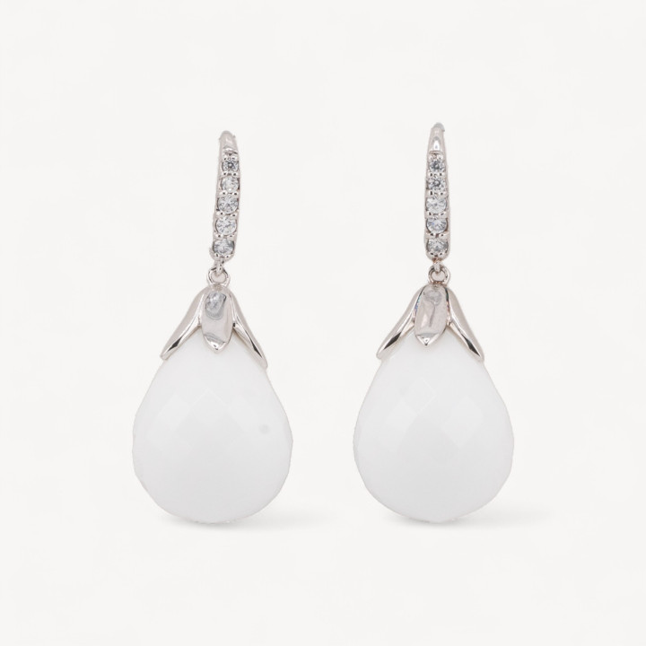 Orecchini A Monachella Di Argento 925 Con Zirconi E Goccia Di Agata Bianca 16x40mm