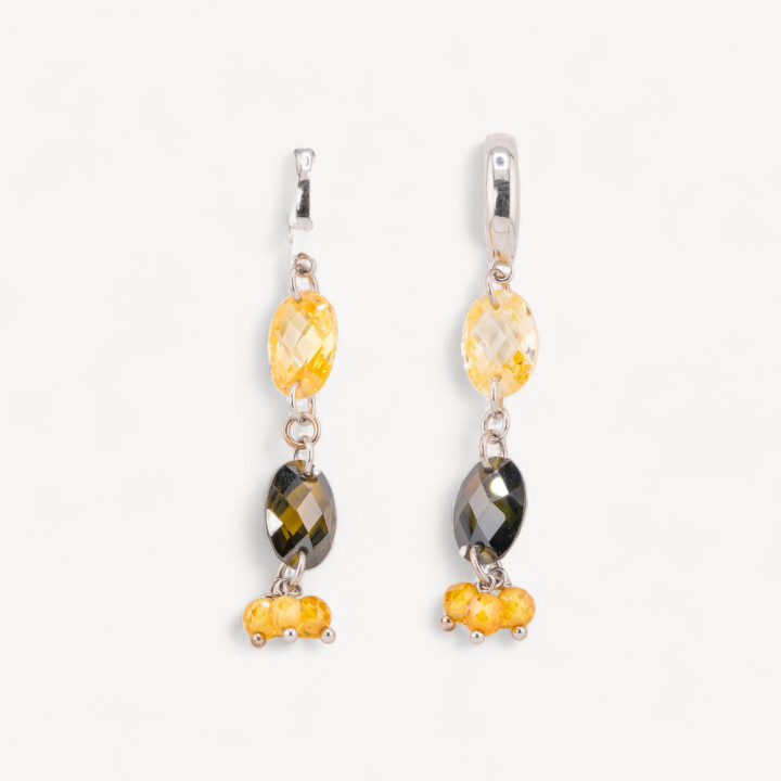 Orecchini A Monachella Di Argento 925 Con Zirconi Ovali Piatti Sfaccettati E Sfere Piccole 10x65mm