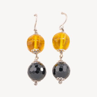 Orecchini A Monachella Di Argento 925 Rodiato Con Zirconi Ambra E Onice Sfaccettati 13x50mm