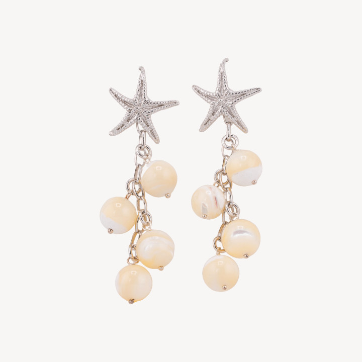 Orecchini A Monachella Di Argento 925 Stella Marina E Grappolo Di Madreperla Bianca