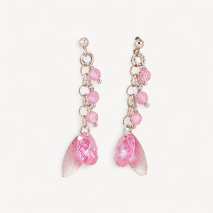 Orecchini A Perno Di Argento 925 Con Foglie Di Argento E Zirconi Ovali Sfaccettati Rosa 15x50mm