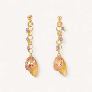 Orecchini A Perno Di Argento 925 Con Foglie Di Argento E Zirconi Ovali Sfaccettato 15x50mm