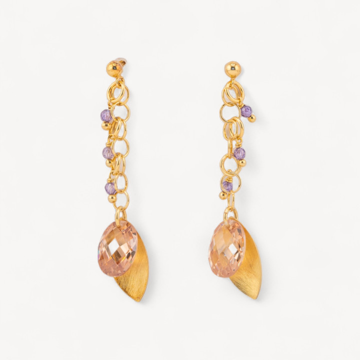 Orecchini A Perno Di Argento 925 Con Foglie Di Argento E Zirconi Ovali Sfaccettato 15x50mm