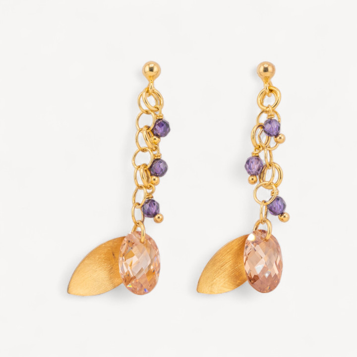 Orecchini A Perno Di Argento 925 Con Foglie Di Argento E Zirconi Ovali Sfaccettato 15x50mm Arancio Con Viola