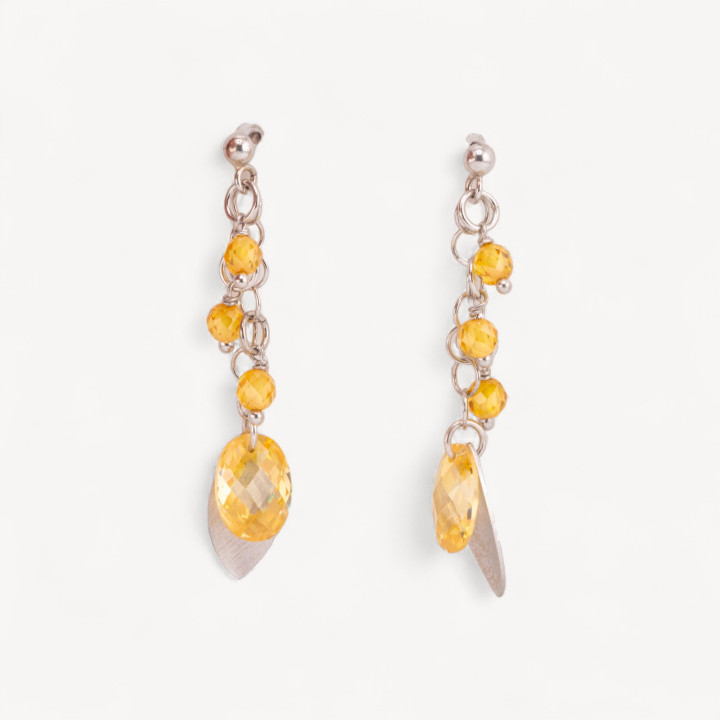 Orecchini A Perno Di Argento 925 Con Foglie Di Argento E Zirconi Ovali Sfaccettato 15x50mm Topazio Giallo