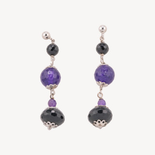 Orecchini A Perno Di Argento 925 Con Onice E Giada Viola Sfaccettata 12x50mm