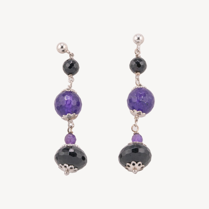 Orecchini A Perno Di Argento 925 Con Onice E Giada Viola Sfaccettata 12x50mm