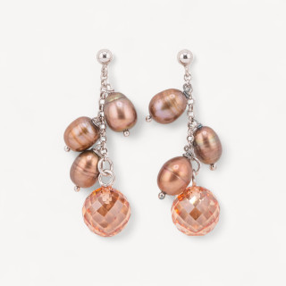 Orecchini A Perno Di Argento 925 Con Perle Di Fiume E Sfere Di Zirconi Champagne Sfaccettati 12x43mm