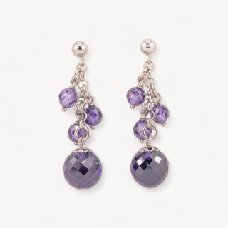 Orecchini A Perno Di Argento 925 Con Punto Luce E Sfere Di Zirconi Sfaccettati Viola E Catena 12x46mm