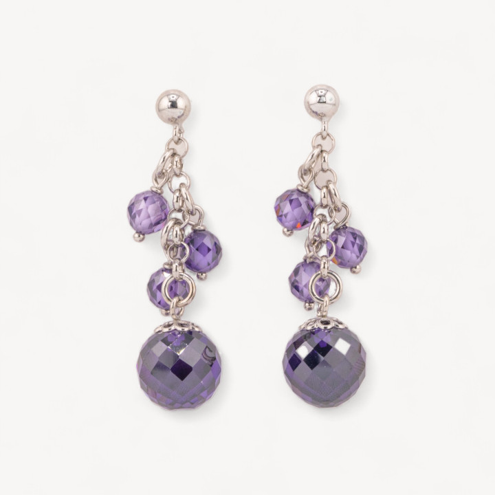 Orecchini A Perno Di Argento 925 Con Punto Luce E Sfere Di Zirconi Sfaccettati Viola E Catena 12x46mm