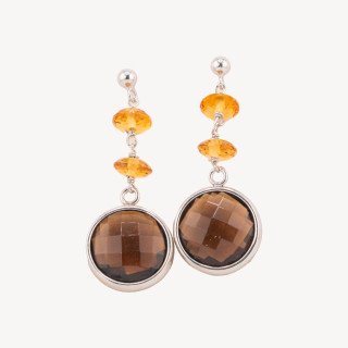 Orecchini A Perno Di Argento 925 Con Quarzo Fume' Incastonato E Rondelle Di Topazio Giallo Termodiffuso 18x45mm