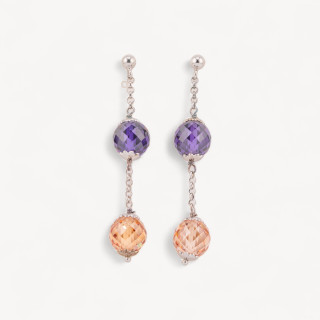 Orecchini A Perno Di Argento 925 Con Sfere Di Zirconi Sfaccettati E Catena Rolo 10x58mm