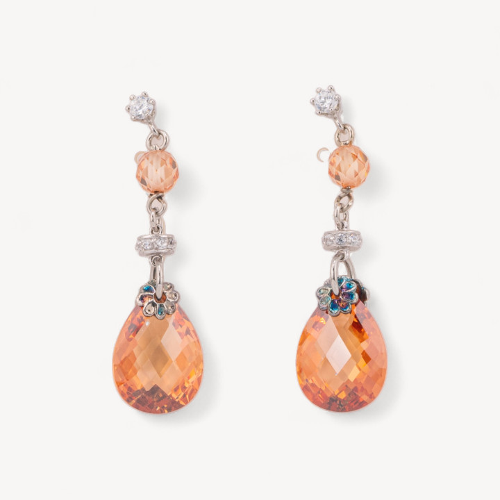 Orecchini A Perno Di Argento 925 Con Zirconi A Sfera E Goccia Piatta Con Elementi in Argento 925 Rodiato 13x45mm