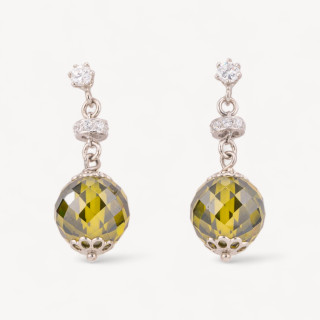 Orecchini A Perno Di Argento 925 Con Zirconi A Sfera Sfaccettata E Rondelle Zirconate Peridot 12x33mm