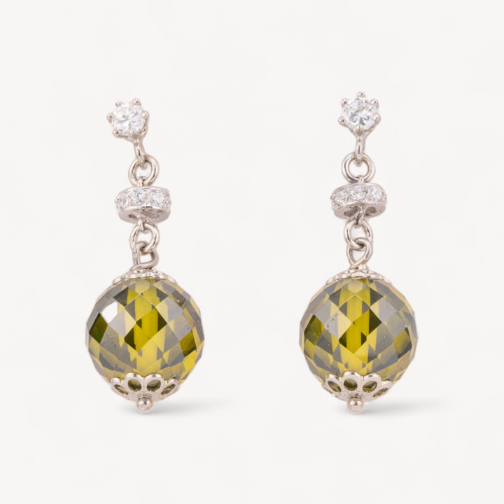Orecchini A Perno Di Argento 925 Con Zirconi A Sfera Sfaccettata E Rondelle Zirconate Peridot 12x33mm