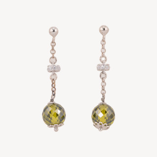 Orecchini A Perno Di Argento 925 Con Zirconi A Sfera Sfaccettata E Rondelle Zirconate Verde Peridot 12x45mm