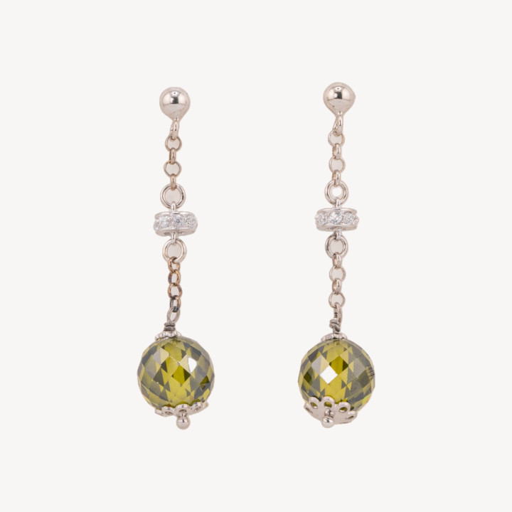 Orecchini A Perno Di Argento 925 Con Zirconi A Sfera Sfaccettata E Rondelle Zirconate Verde Peridot 12x45mm