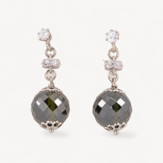Orecchini A Perno Di Argento 925 Con Zirconi A Sfera Sfaccettata E Rondelle Zirconate Verde Scuro 12x33mm