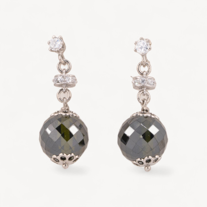 Orecchini A Perno Di Argento 925 Con Zirconi A Sfera Sfaccettata E Rondelle Zirconate Verde Scuro 12x33mm