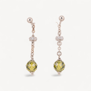 Orecchini A Perno Di Argento 925 Con Zirconi A Sfera Sfaccettata Peridot E Rondelle Zirconate 8x40mm