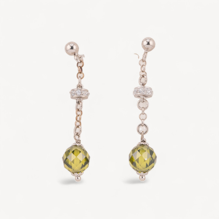 Orecchini A Perno Di Argento 925 Con Zirconi A Sfera Sfaccettata Peridot E Rondelle Zirconate 8x40mm