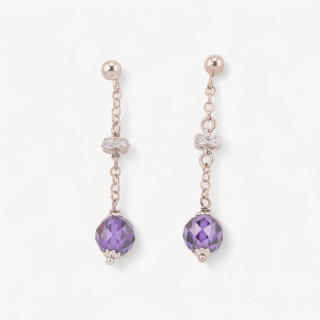 Orecchini A Perno Di Argento 925 Con Zirconi A Sfera Sfaccettata Viola E Rondelle Zirconate 8x40mm