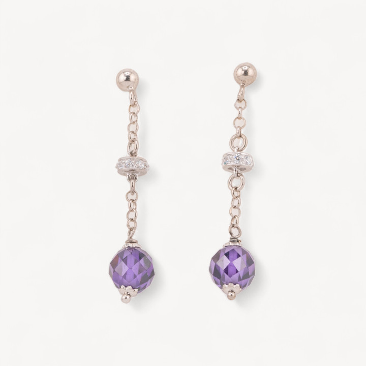 Orecchini A Perno Di Argento 925 Con Zirconi A Sfera Sfaccettata Viola E Rondelle Zirconate 8x40mm