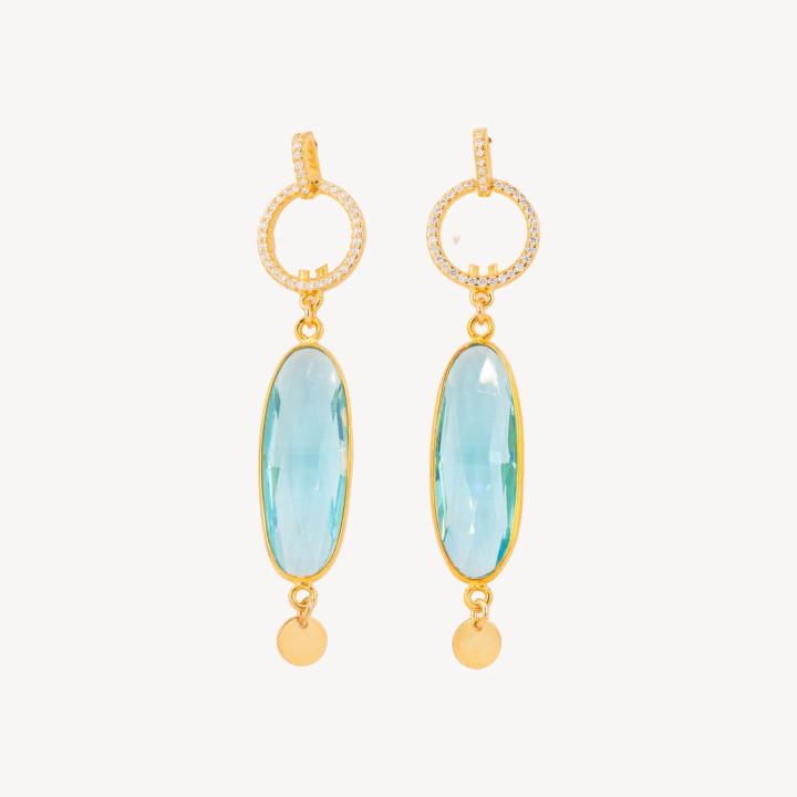 Orecchini A Perno Di Argento 925 Con Zirconi E Perla Con Pendente Ovale Di Cubic Zirconia 14x62mm