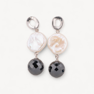 Orecchini A Perno Di Argento 925 E Perle Di Fiume Coin E Zircone Sfera 16x44mm