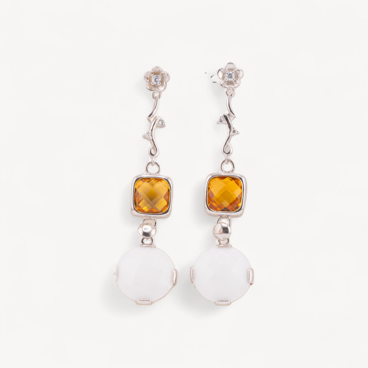 Orecchini A Perno Di Argento 925 Ramo Con Cubic Zirconia E Agata 17x65mm