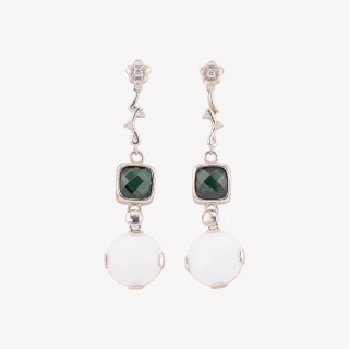 Orecchini A Perno Di Argento 925 Ramo Con Cubic Zirconia E Agata 17x65mm Verde
