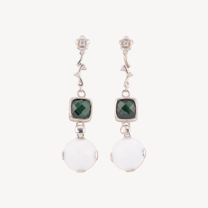 Orecchini A Perno Di Argento 925 Ramo Con Cubic Zirconia E Agata 17x65mm Verde
