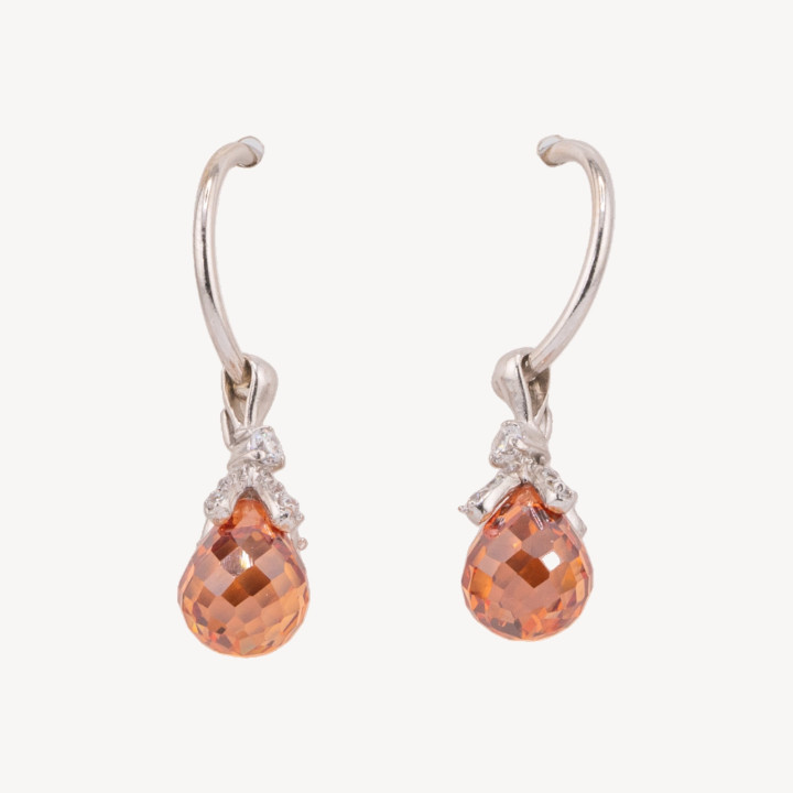 Orecchini A Perno Di Argento 925 Semicerchio Con Pendente A Goccia Di Cubic Zirconia 9x40mm Arancio