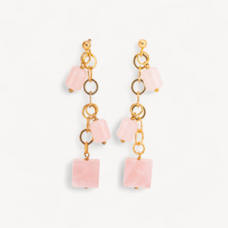 Orecchini Di Argento 925 A Perno Con Catena Placcato Oro Con Quarzo Rosa Forme