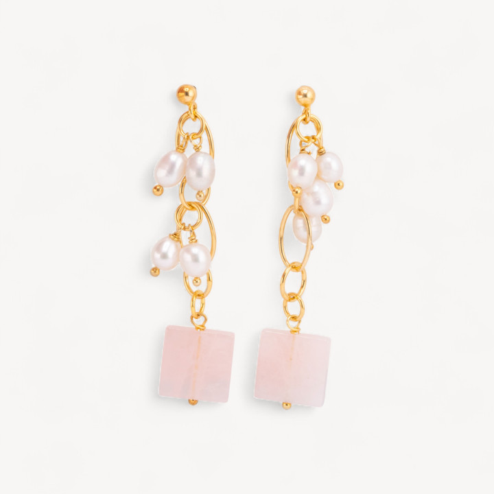 Orecchini Di Argento 925 A Perno Con Catena Placcato Oro Con Quarzo Rosa Quadrato 14x65mm