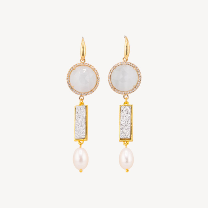 Orecchini Di Argento 925 Con Zirconi E Cabochon In Bronzo Perle Di Fiume Cristallo Bianco